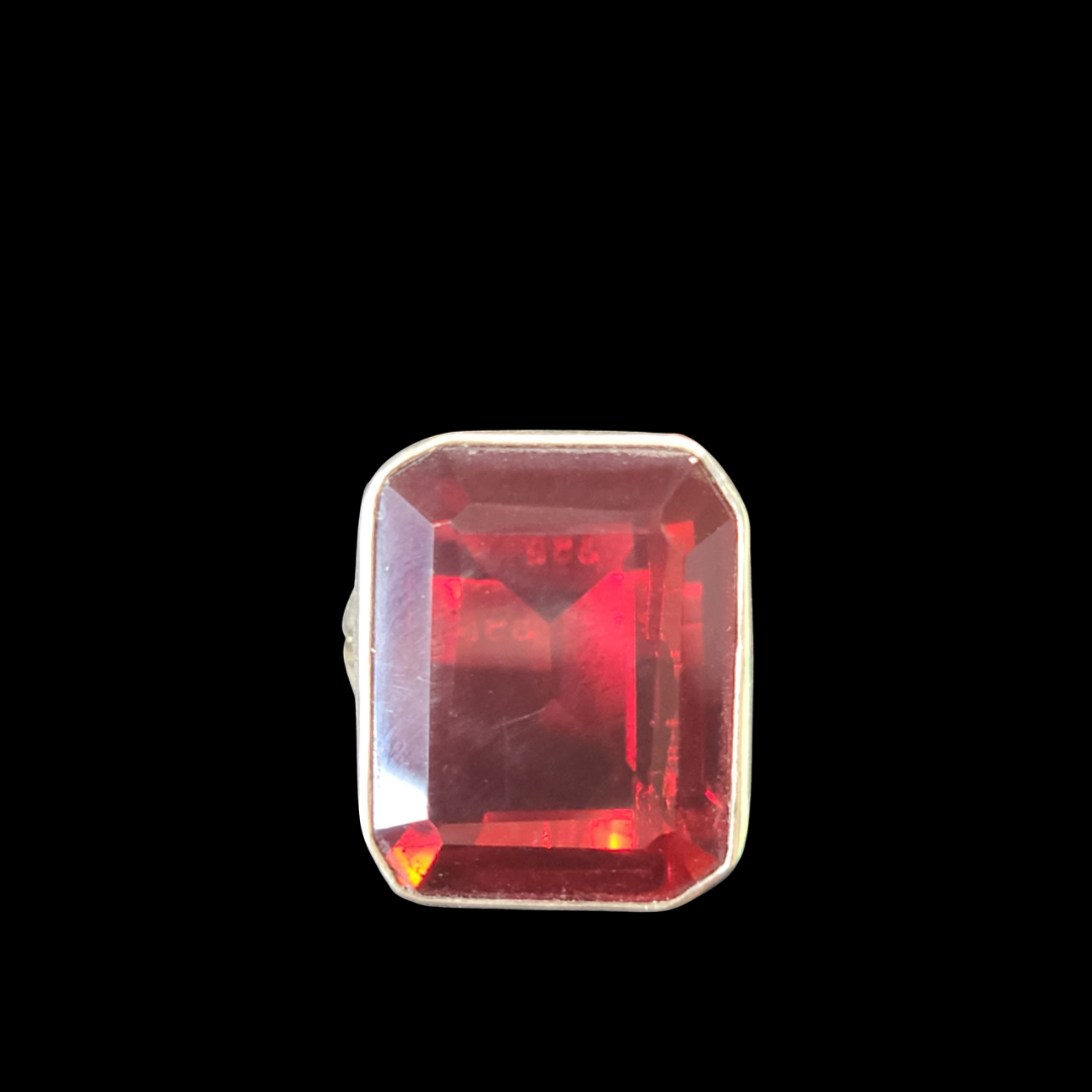 .925 Sterling Silver Vintage Red Glass Ring