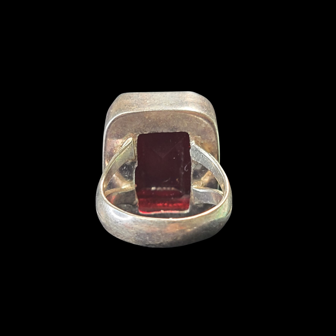 .925 Sterling Silver Vintage Red Glass Ring